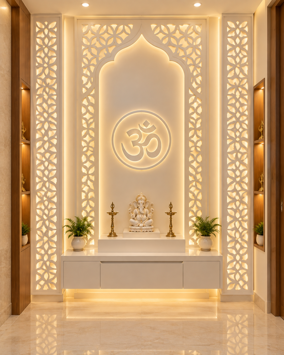Backlit white Corian prayer niche with a Ganesha idol